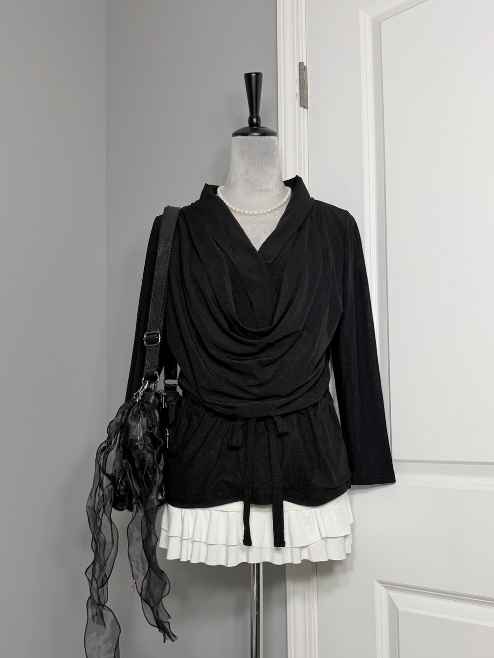 Vintage Juliette Black Draped Cowl Neck Blouse with Tie Waist (Women’s M)
